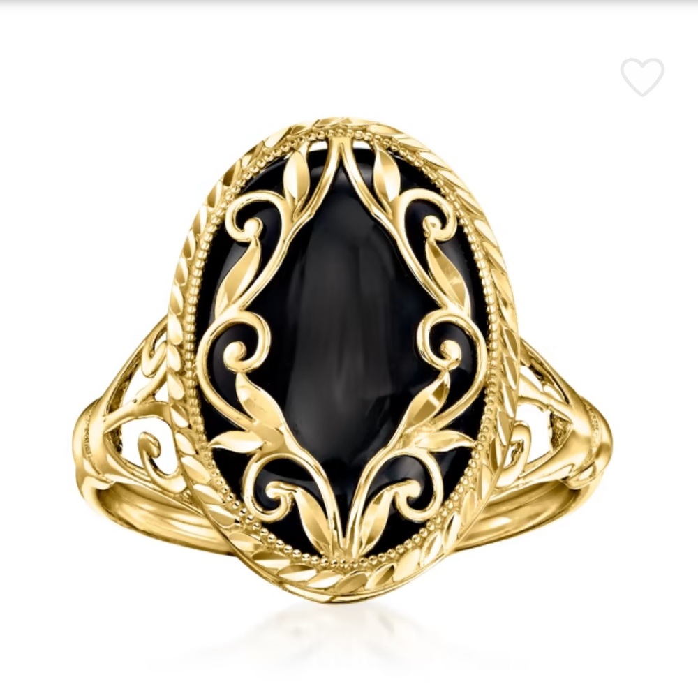 NIB Ross Simmons Black Onyx 14K Yellow Gold Scroll Ring size 9